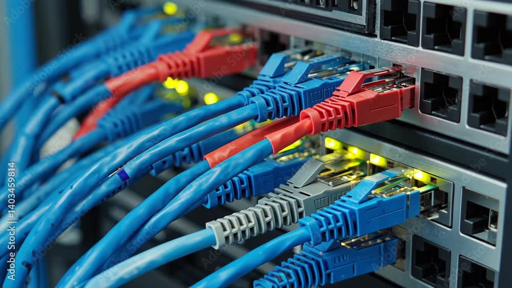 Close-up of blue and red ethernet cables connected to a network switch showing active data communication signals in server room