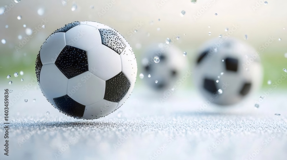 雨の中のサッカーボールのクローズアップ 水滴と背景のぼやけた芝生 3Dレンダリング 雨の中のサッカーボールのクローズアップ 水滴と背景のぼやけた芝生 3Dレンダリング