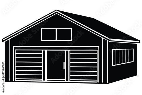 Illustration of a residential shed with garage door and side windows