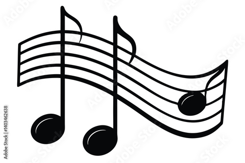 Two musical notes with curved staves in a bold black illustration