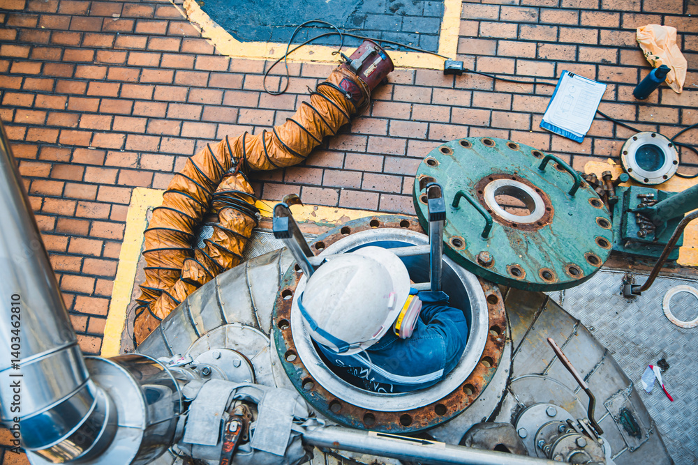 Male into work inspection process chemical into stairways chemical stainless tank