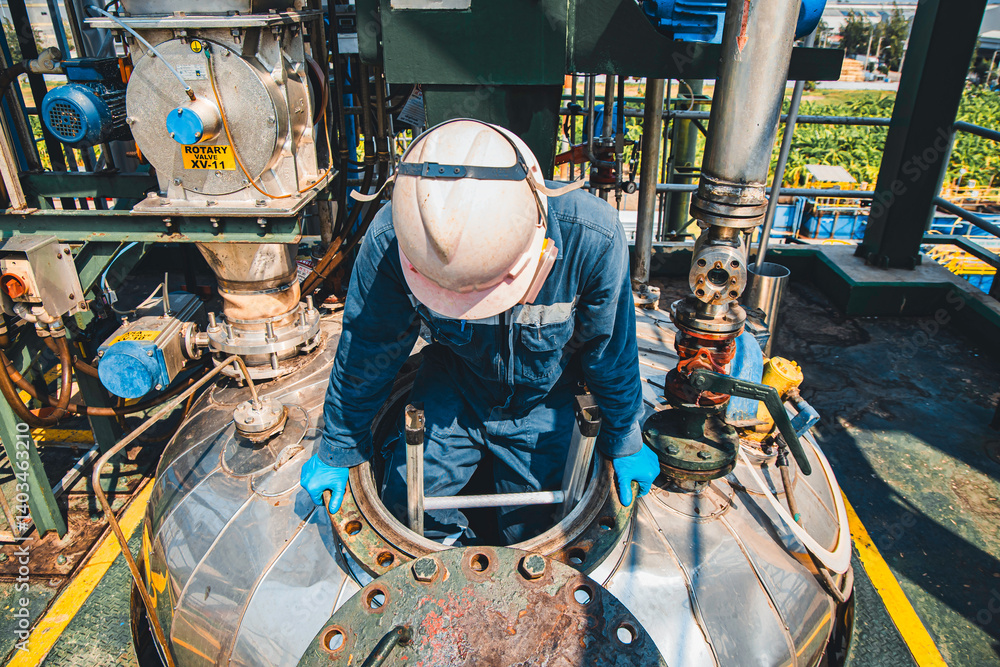 Male into work inspection process chemical into stairways chemical stainless tank
