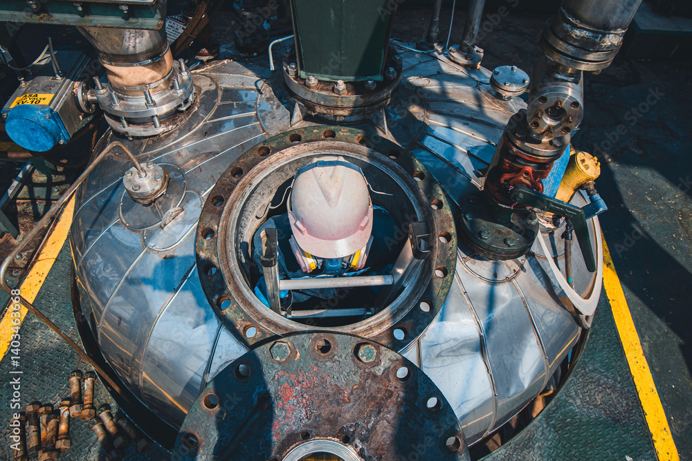 Male into work inspection process chemical into stairways chemical stainless tank
