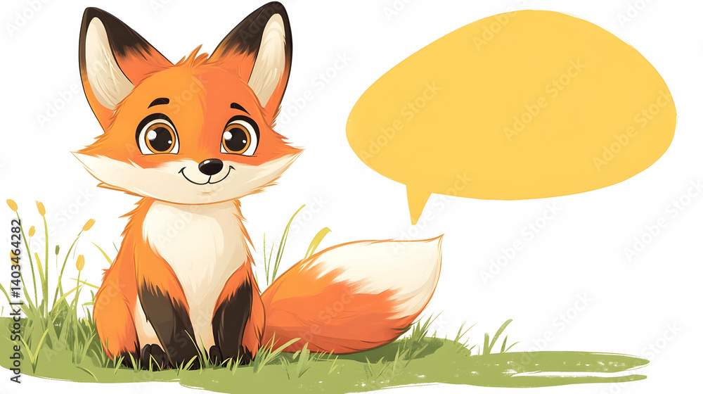 Fototapeta premium Cute cartoon fox with speech bubble on grass background