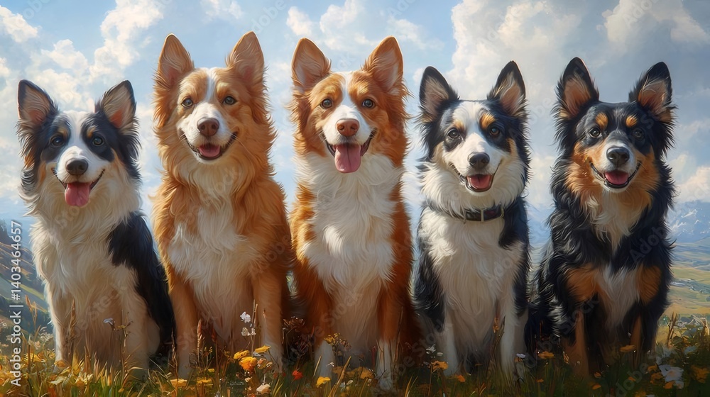 5匹の犬のグループの太陽光の下のクローズアップ芝生における秋色の毛皮と青空背景の正面図 5匹の犬のグループの太陽光の下のクローズアップ芝生における秋色の毛皮と青空背景の正面図