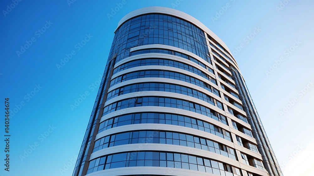 Modern Glass Skyscraper with Curved Facade Under Blue Sky Modern Glass Skyscraper with Curved Facade Under Blue Sky