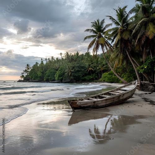 Fototapeta Naklejka Na Ścianę i Meble -  Deserted Beach After Rain – Abandoned Boat, Wet Sand & Moody Skies

