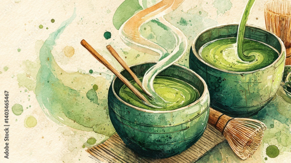 Serene matcha whisking in traditional japanese tea ceremony bowls Serene matcha whisking in traditional japanese tea ceremony bowls