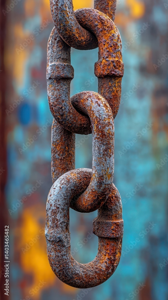 Rusty metal chain link hanging against a colorful textured background in urban setting Rusty metal chain link hanging against a colorful textured background in urban setting