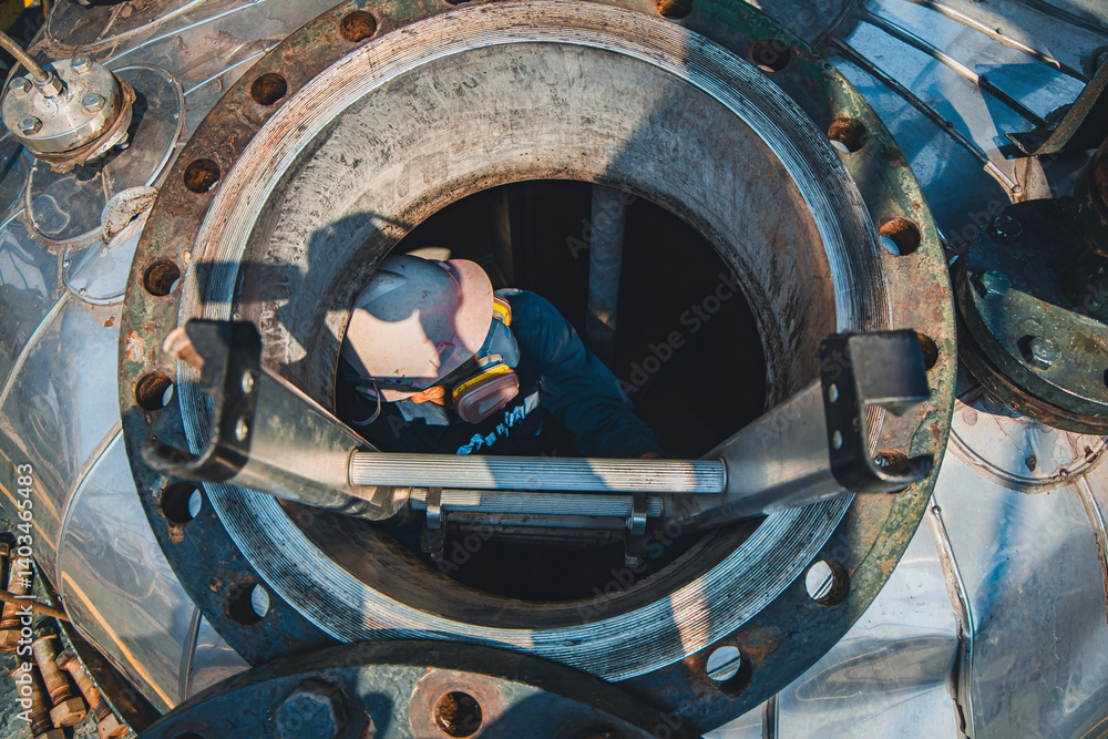 Male into work inspection process chemical into stairways chemical stainless tank