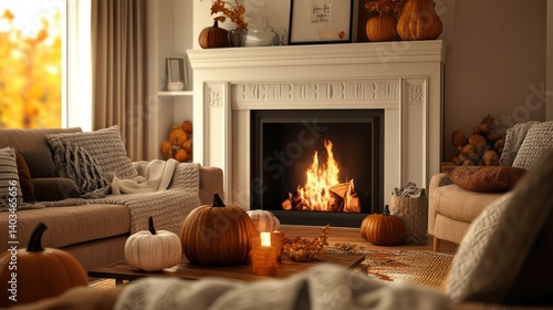 A warm fall-themed living space with an elegant fireplace, deep earthy tones, decorative pumpkins, and soft knitted throws adding texture