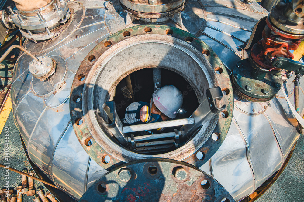 Male into work inspection process chemical into stairways chemical stainless tank