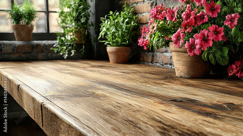 Fototapeta premium Rustic Wooden Table with Blooming Flowers and Herbs