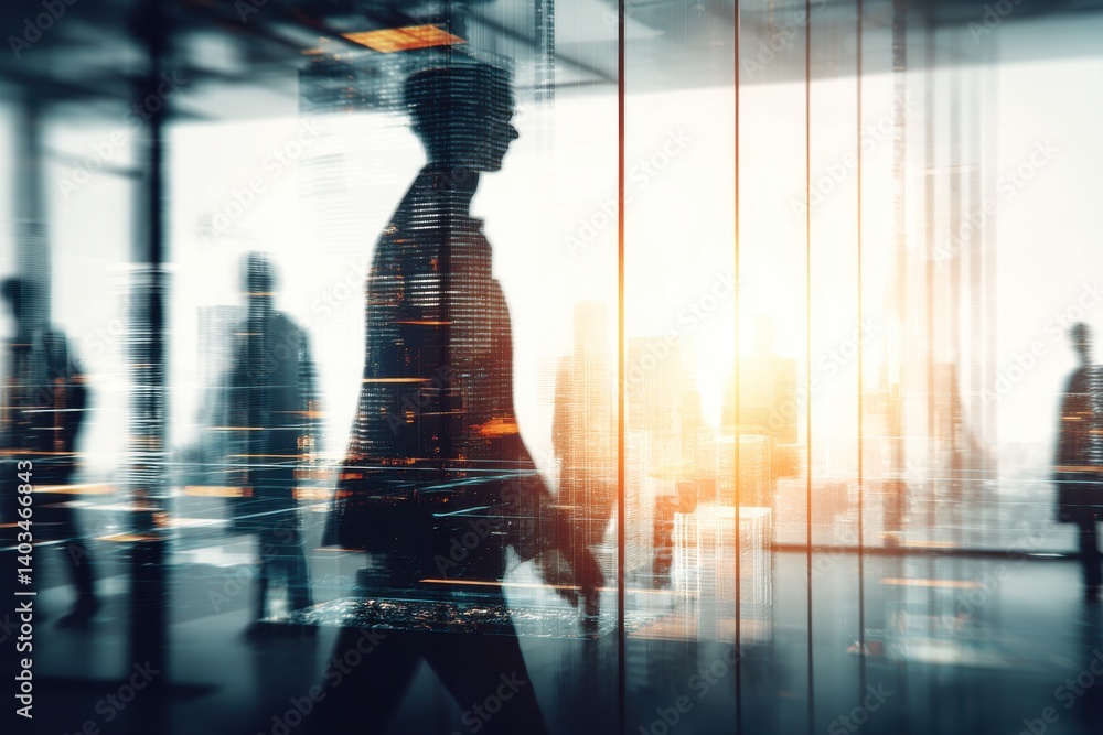 custom made wallpaper toronto digitalAbstract depiction of business people walking in a modern city office building, with blurred motion, reflections, and a cityscape backdrop, symbolizing corporate activity.
