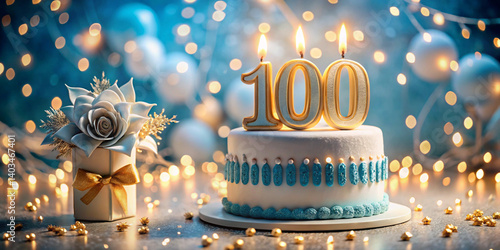 100th Birthday Cake with Lit Candle and Festive Party Background