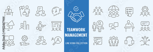 Business teamwork icon set. Containing team working together, partnership, work group, agreement, handshake, support, structure hierarchy, collaboration, co-worker, cooperation. vector illustration