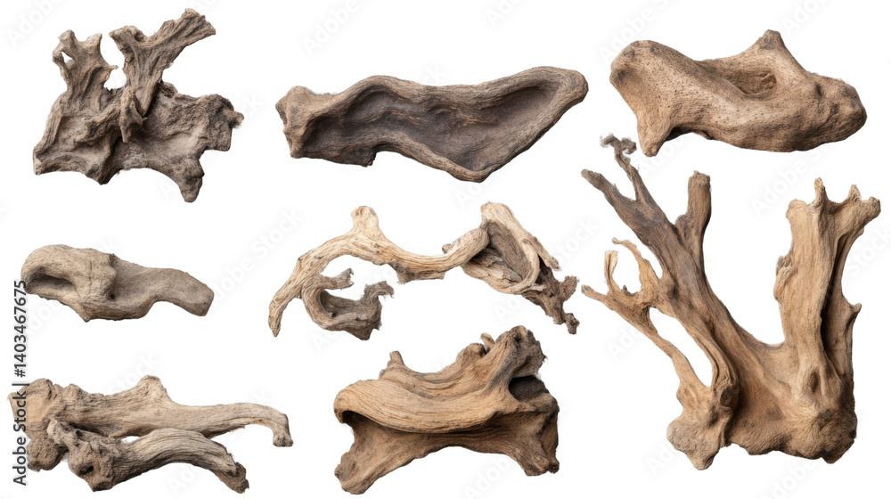 Fototapeta premium Driftwood Pieces Collection: An assortment of naturally weathered and unique driftwood pieces, offering a rustic and organic aesthetic for craft projects and decor, showcasing nature's artistry.