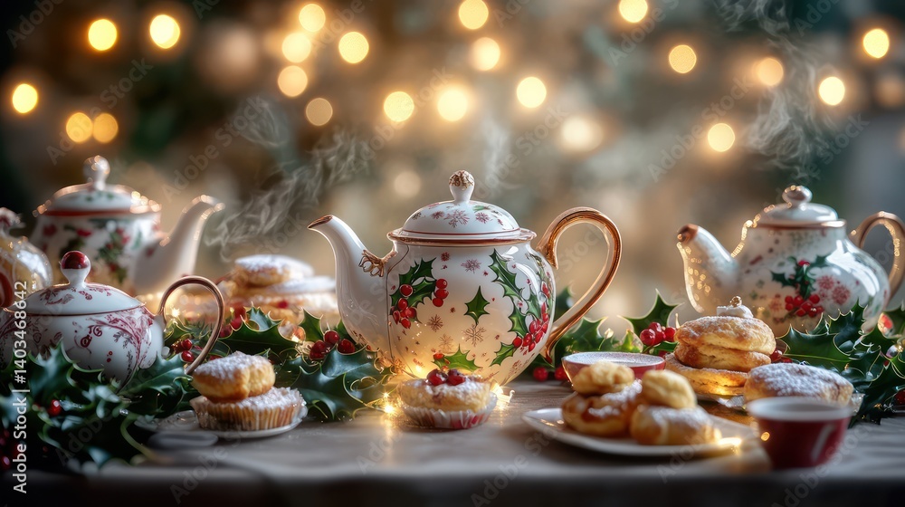Fototapeta premium A whimsical Christmas tea party table adorned with festive china, fresh holly, an assortment of pastries, and twinkling fairy lights