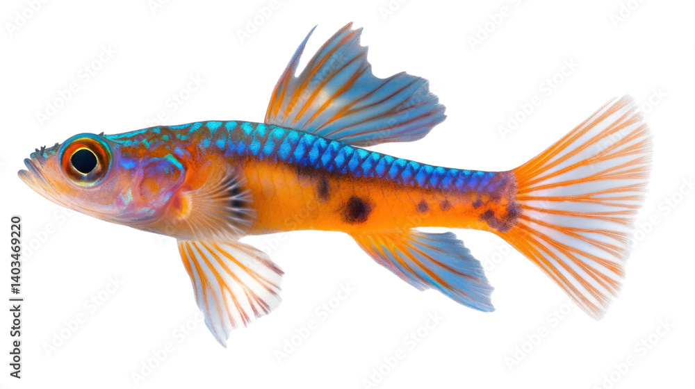 Fototapeta premium Vibrant Aquarium Fish: A close-up, high-angle shot reveals the mesmerizing beauty of a brightly colored aquarium fish, showcasing its intricate patterns and radiant hues in detail.