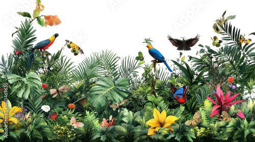 Tropical Paradise: A vibrant and exotic scene bursting with life, featuring a diverse array of tropical birds, butterflies and lush greenery.