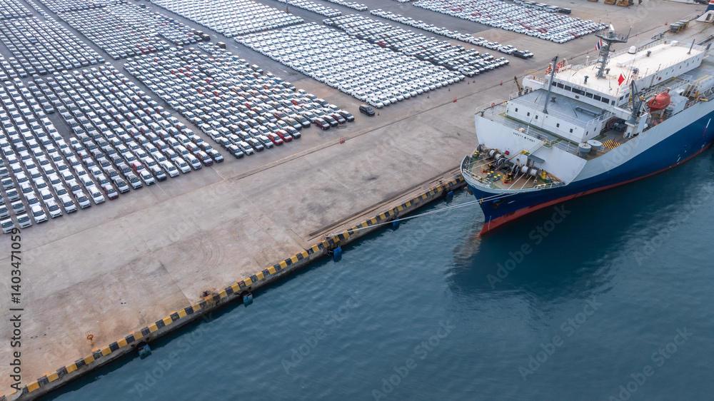 Top view new cars at industrial port import export, New cars park in row stock industrial port parking lot shipping transportation retailer dealership, New cars automotive industry logistics business.