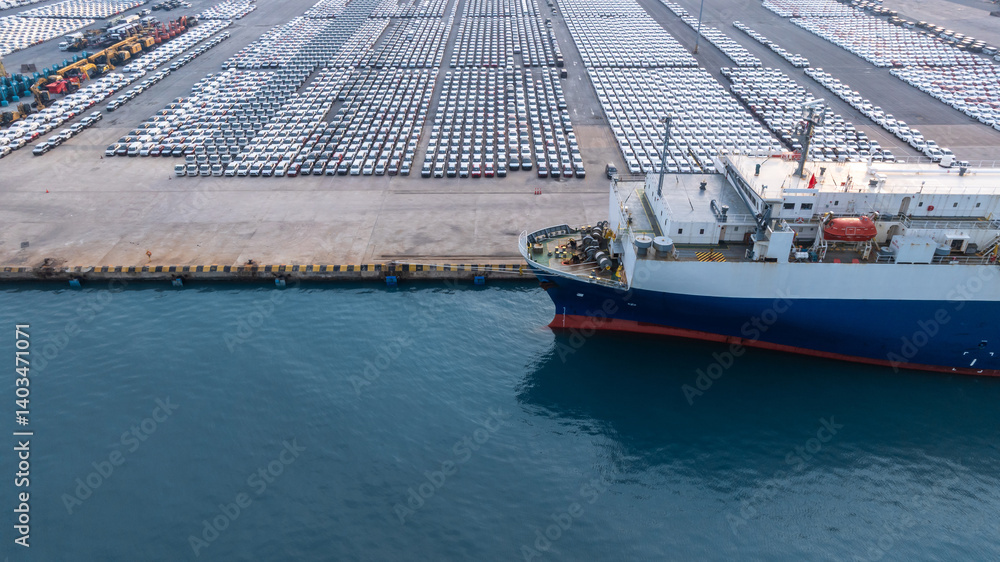 Top view new cars at industrial port import export, New cars park in row stock industrial port parking lot shipping transportation retailer dealership, New cars automotive industry logistics business.