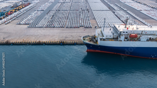 Obraz na płótnie Top view new cars at industrial port import export, New cars park in row stock industrial port parking lot shipping transportation retailer dealership, New cars automotive industry logistics business. w salonie