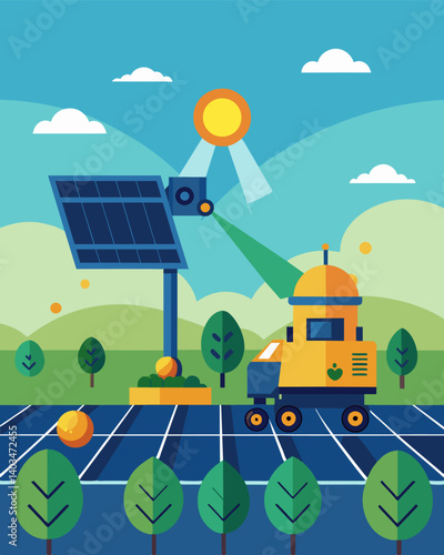 In the early morning light a robotic harvester runs on solar power effortlessly collecting ripe crops and depositing them into nearby bins.. Vector illustration
