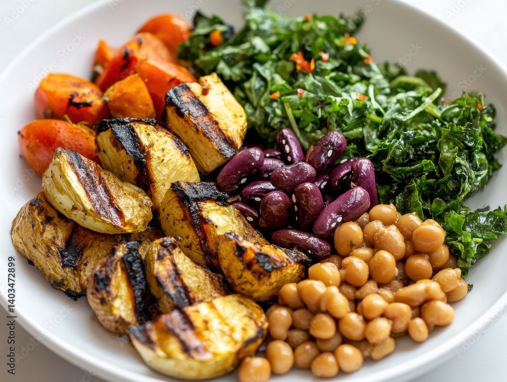 Grilled veggies, legumes, and greens styled simply on white dish Grilled veggies, legumes, and greens styled simply on white dish