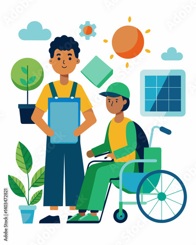 An innovative and inclusive community project providing job opportunities for individuals with disabilities utilizing solarpowered technology to process and manage recyclables.. Vector illustration