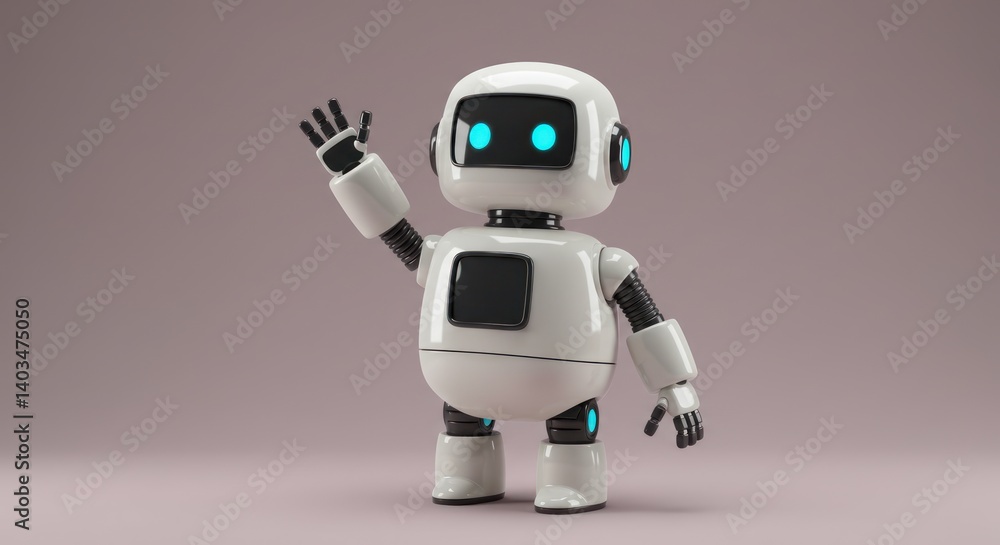 White robot with blue eyes waves its hand against a light pink background. White robot with blue eyes waves its hand against a light pink background.