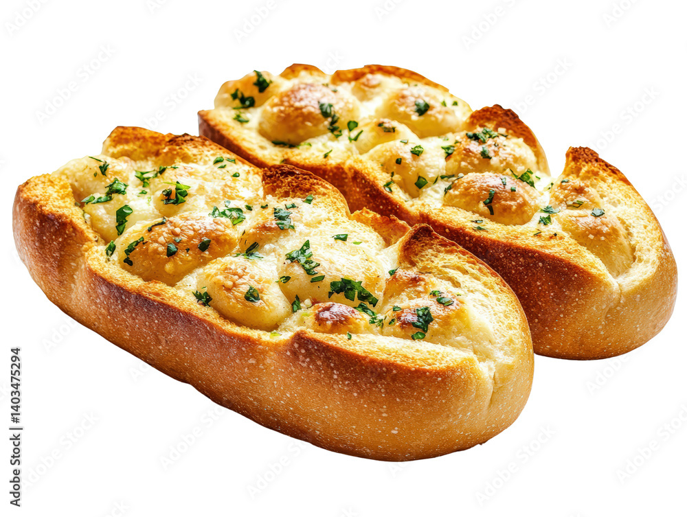 Delicious freshly baked bread topped with melted cheese and herbs on a rustic wooden table presenting culinary delight isolated on a white background. Delicious freshly baked bread topped with melted cheese and herbs on a rustic wooden table presenting culinary delight isolated on a white background.