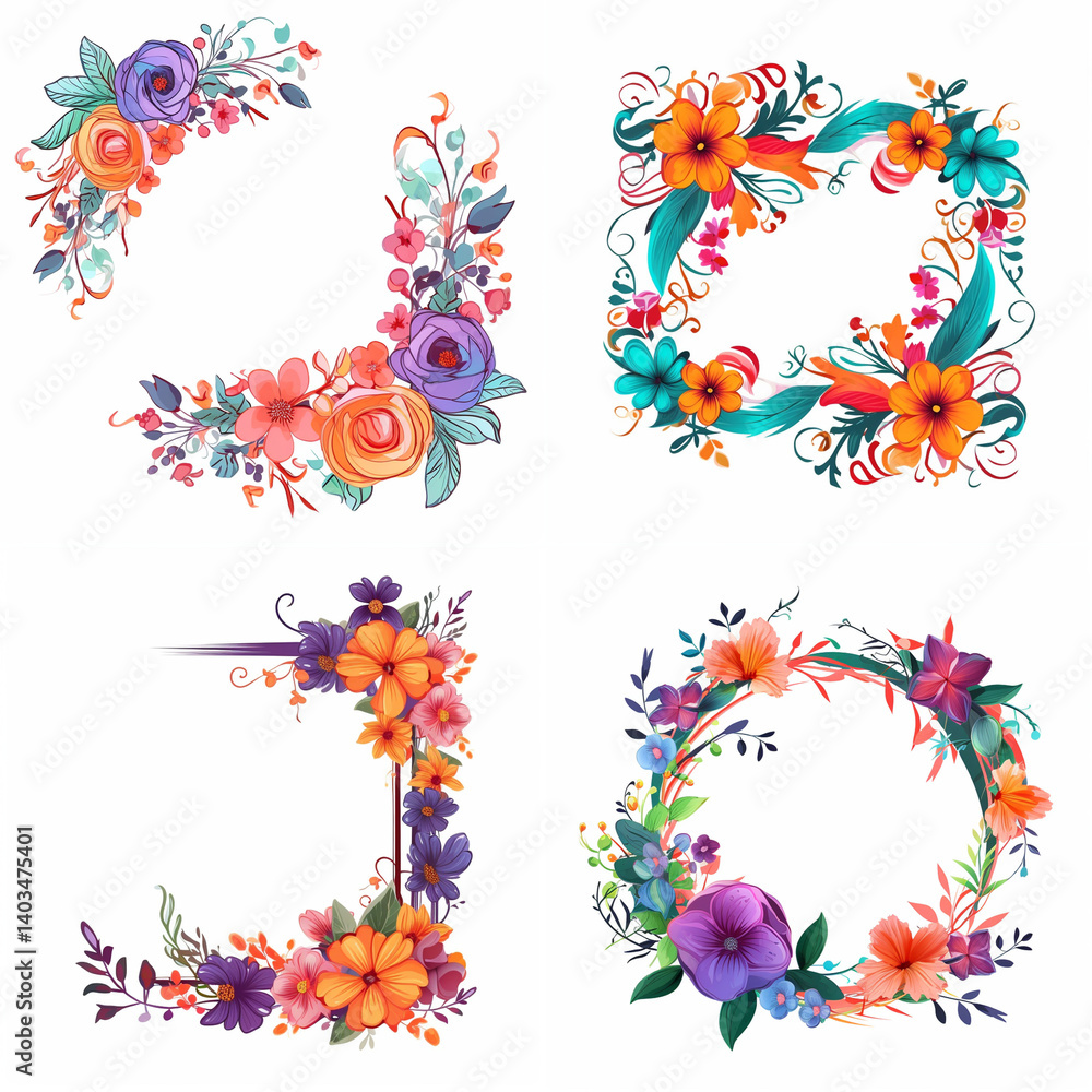 A collection of vibrant floral corner and circular decorative elements. A collection of vibrant floral corner and circular decorative elements.