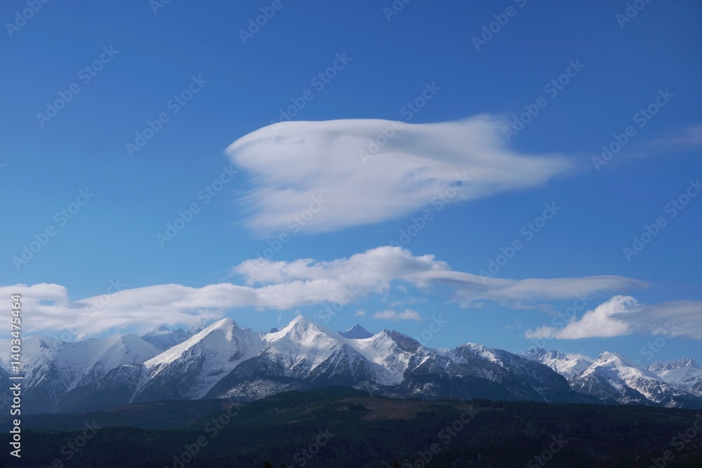 Panorama of High Tatras covered by snow from around village Lapszanka, Spisz, Lesser Poland, Poland