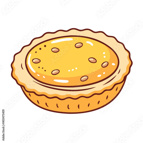 Delicious cartoon custard tart recipe illustration with sweet pastry and creamy filling dessert