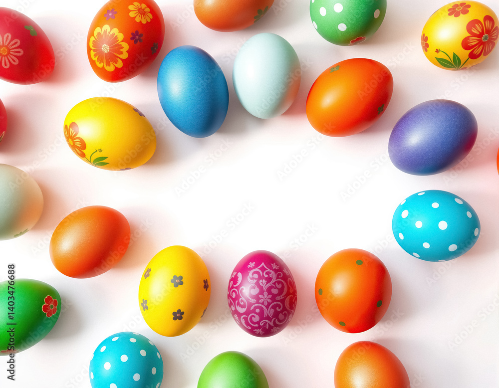 vibrant array of decorated eggs arranged in circle set against pristine white backdrop vibrant array of decorated eggs arranged in circle set against pristine white backdrop