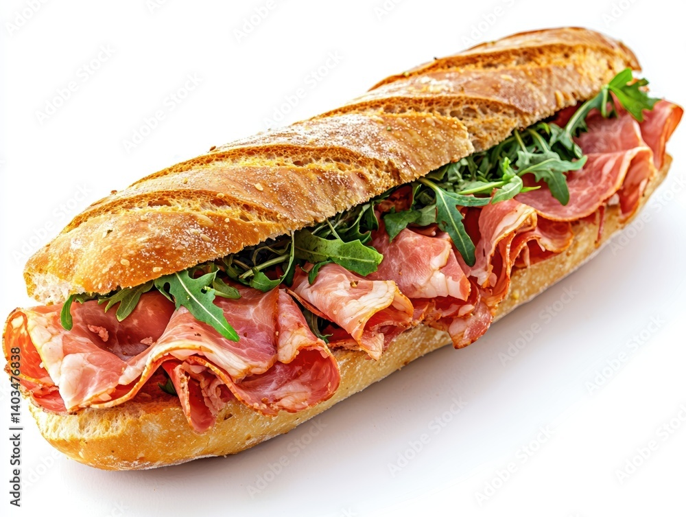Obraz premium Delicious Capicola and Arugula Sub Sandwich on a Crusty Baguette