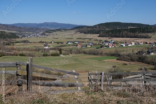 Obraz na płótnie Rural scenery of buildings of village Kacwin among fields, Lesser Poland, Poland w salonie