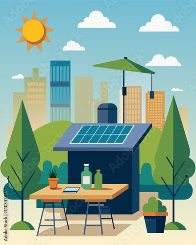 An urban rooftop oasis with solar panels integrated into the design providing energy for the outdoor kitchen and seating area.. Vector illustration