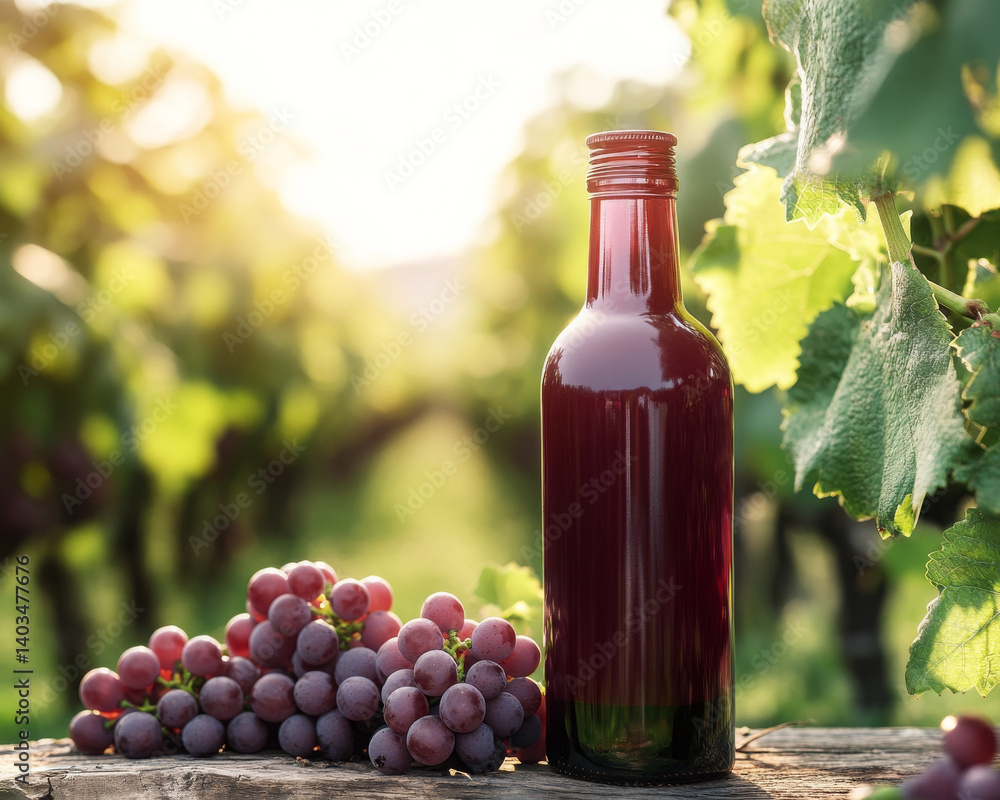 Fresh grape and bottle are beautifully displayed in vineyard Fresh grape and bottle are beautifully displayed in vineyard