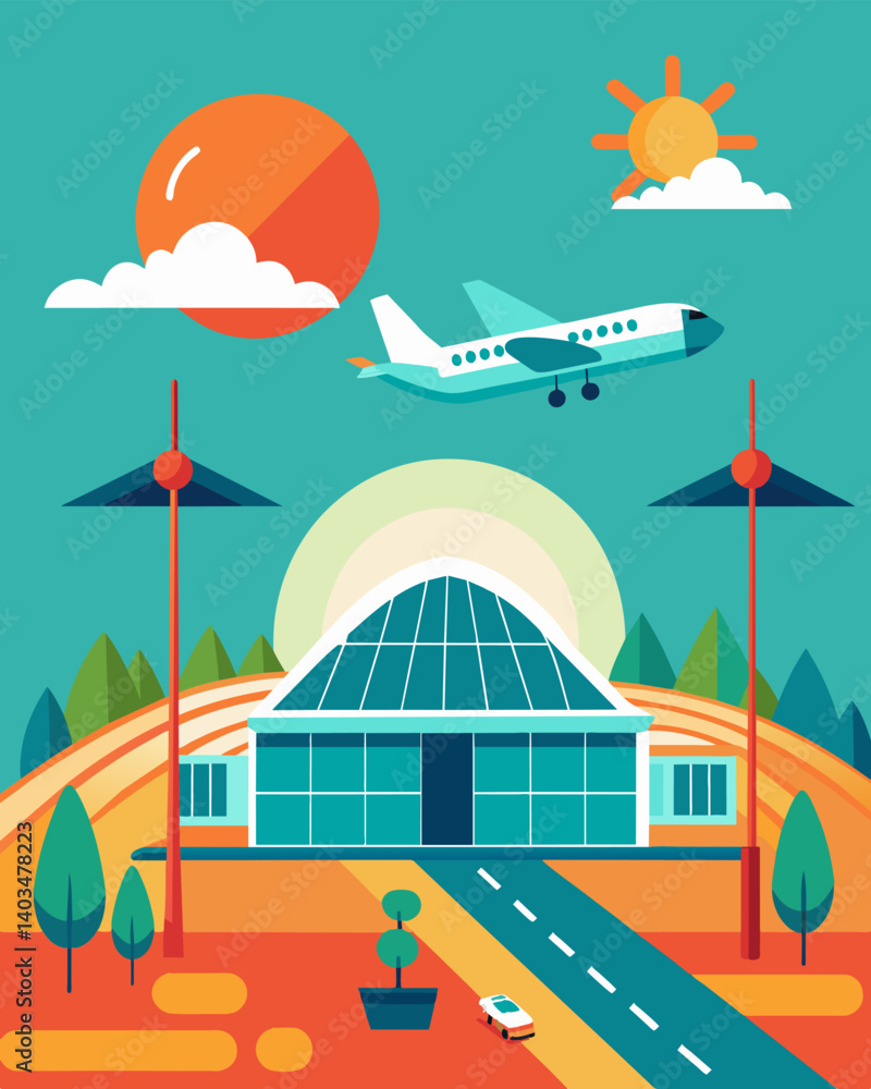 Naklejka premium As flights come and go the solar panels on the airport hangars soak in the suns rays converting them into sustainable energy for future use.. Vector illustration
