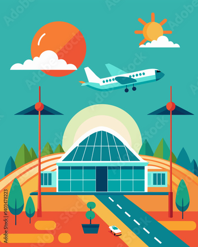 As flights come and go the solar panels on the airport hangars soak in the suns rays converting them into sustainable energy for future use.. Vector illustration
