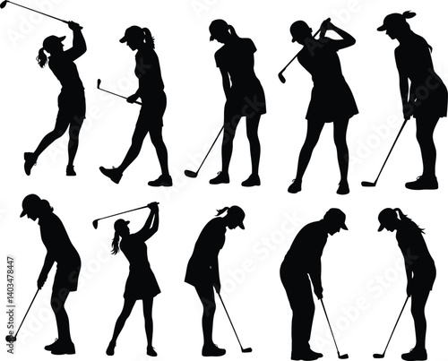 A set of 10 black silhouettes of women golfers in various golfing poses against a white background. The top row shows four poses: a golfer mid-swing with club raised high