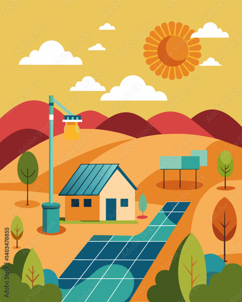 In the midst of a drought a farm powered by solar panels is able to keep their irrigation systems running and their crops thriving.. Vector illustration In the midst of a drought a farm powered by solar panels is able to keep their irrigation systems running and their crops thriving.. Vector illustration