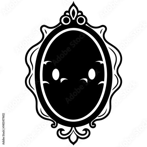 A vector silhouette illustration of a haunted mirror with a ghostly face inside