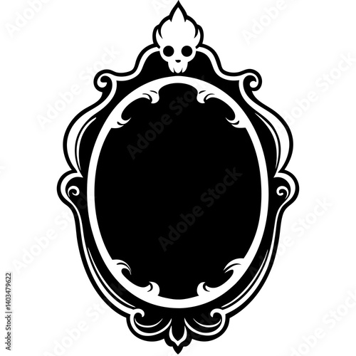 A vector silhouette illustration of a haunted mirror with a ghostly face inside