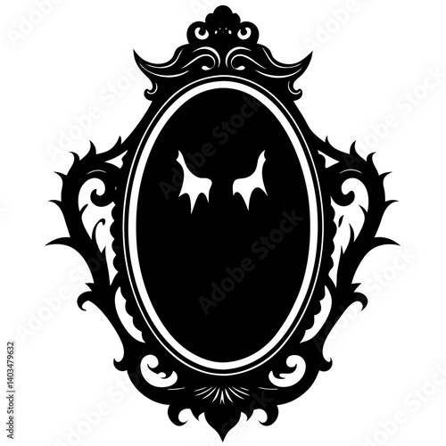 A vector silhouette illustration of a haunted mirror with a ghostly face inside