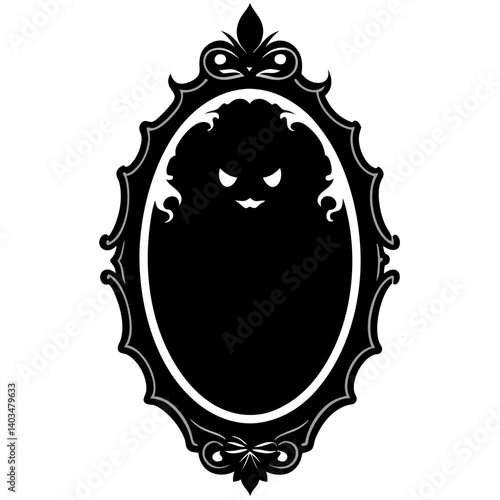 A vector silhouette illustration of a haunted mirror with a ghostly face inside