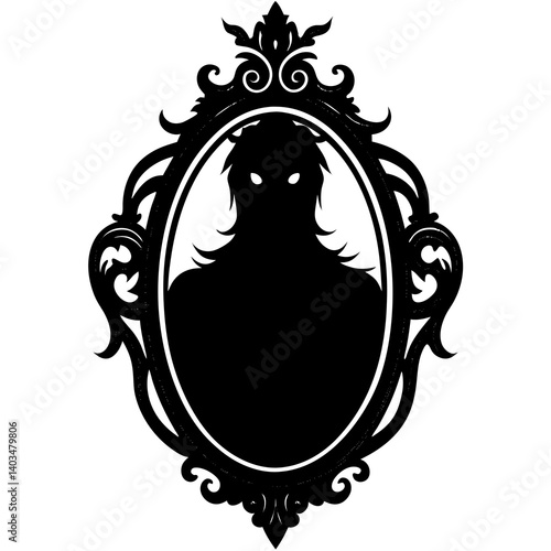 A vector silhouette illustration of a haunted mirror with a ghostly face inside