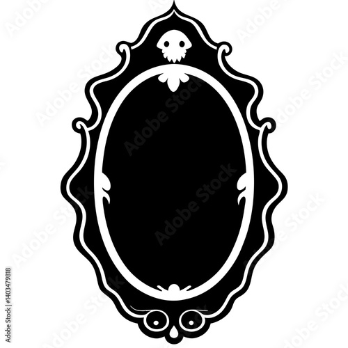 A vector silhouette illustration of a haunted mirror with a ghostly face inside